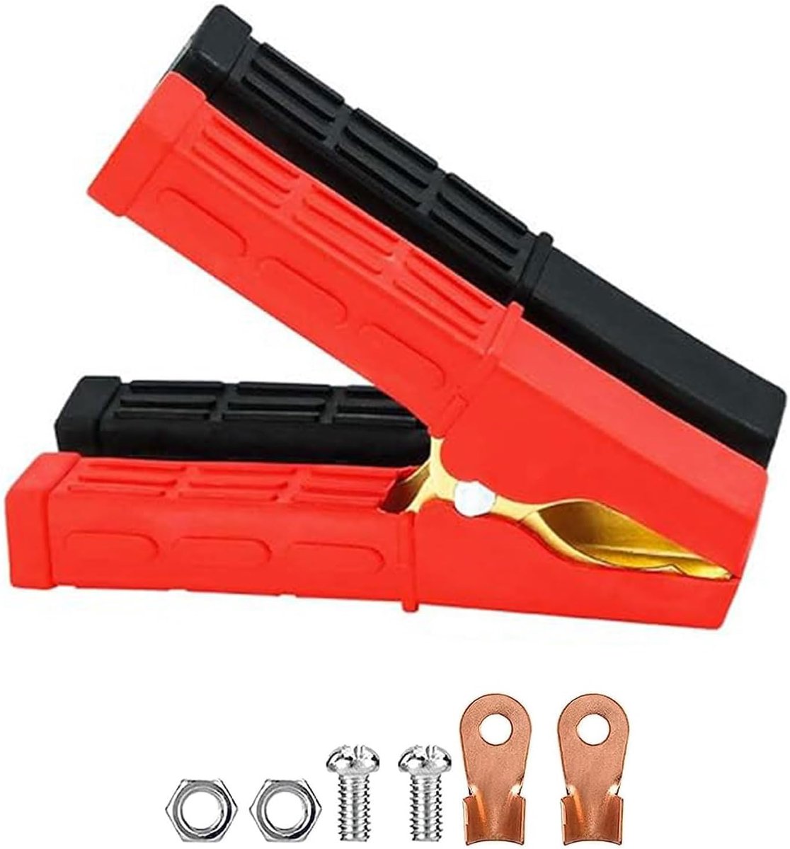 Set van 2 grote krokodillenklemmen van puur koper voor auto-accu, geïsoleerde startklemmen met kunststof handgrepen, voor het opladen en starten van de auto (zwart + rood)