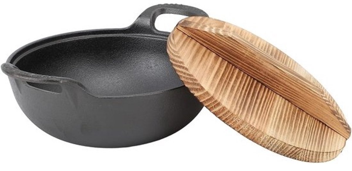 Gietijzeren Wokpan - Chinese Koekenpan - Authentiek Koken - Met Houten Deksel - 20cm Diameter - Zwart