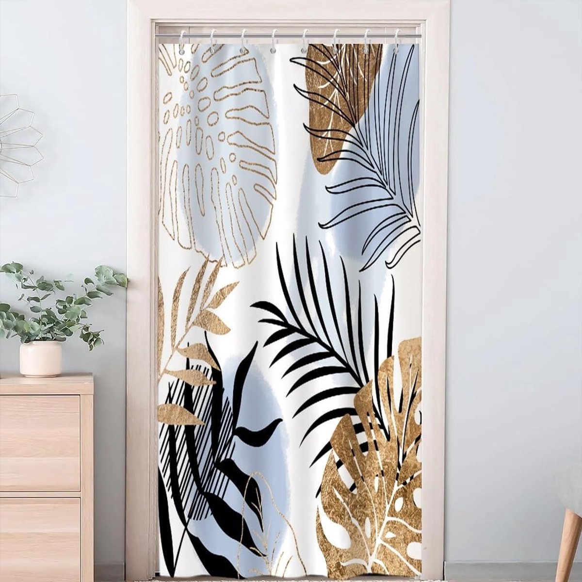 Douchegordijn, 120 x 200 cm, douchegordijn, anti-schimmel, blauw en geel, tropische palmbladeren, jungle, aquarel, douchegordijnen, stof, wasbaar, waterdicht, polyester, badgordijn met 8