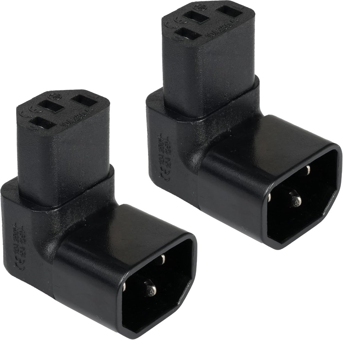 2 stuks C14 C14 naar C13-stekkers, 90 graden omlaag, koudekabelhoek, 250 V, 10 A, 3-polig, pvc-materiaal, voor computers, PDU-kasten en elektrische apparaten, 2 stuks