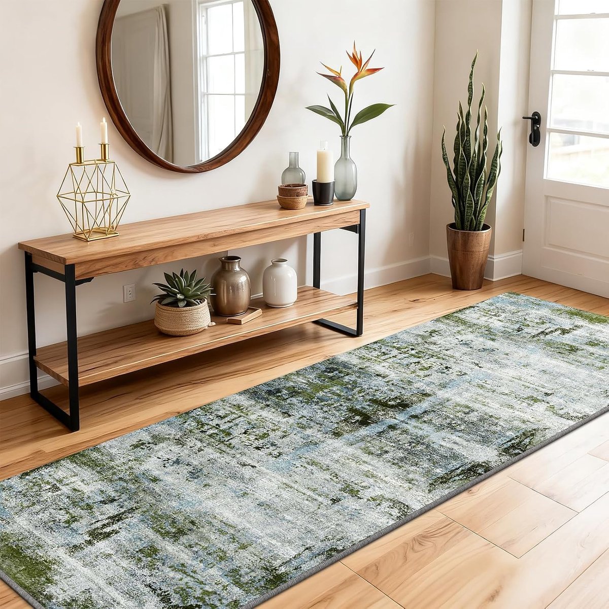 Loper Abstract Wasbaar Antislip 60x180 cm, Mosgroen