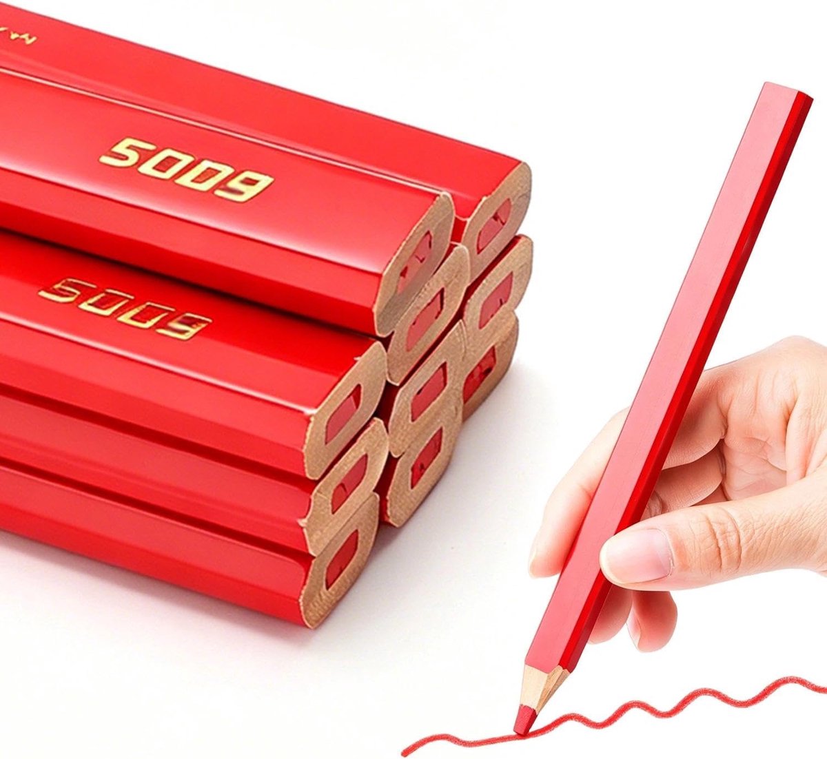 10 stuks timmerlieden potloden, 170 mm / 6,7 inch rode kern vierkant plat hard lood 2-kop doe-het-zelf houtbewerking marker pen voor hout, keramische tegels, metaal, glas, leer (rood)
