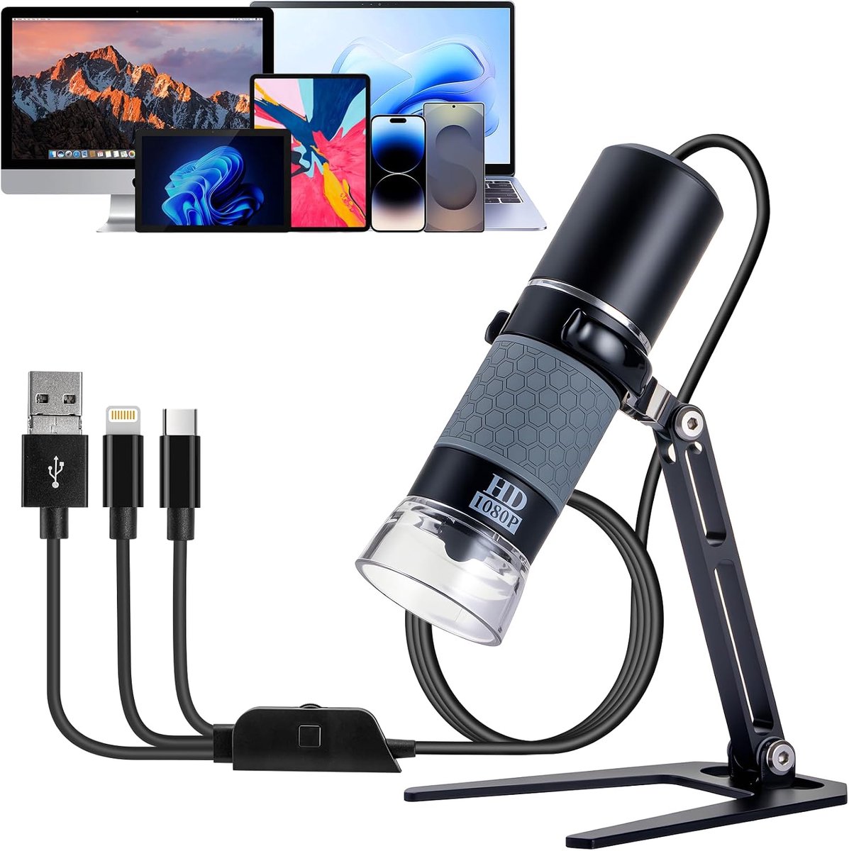 1080P USB digitale handheld microscoop, 50 tot 1000X vergroting Endoscoop Full HD 1920x1080p Camera 8 LED's met metalen standaard voor iPhone iPad Android Mac Windows Linux Chrome