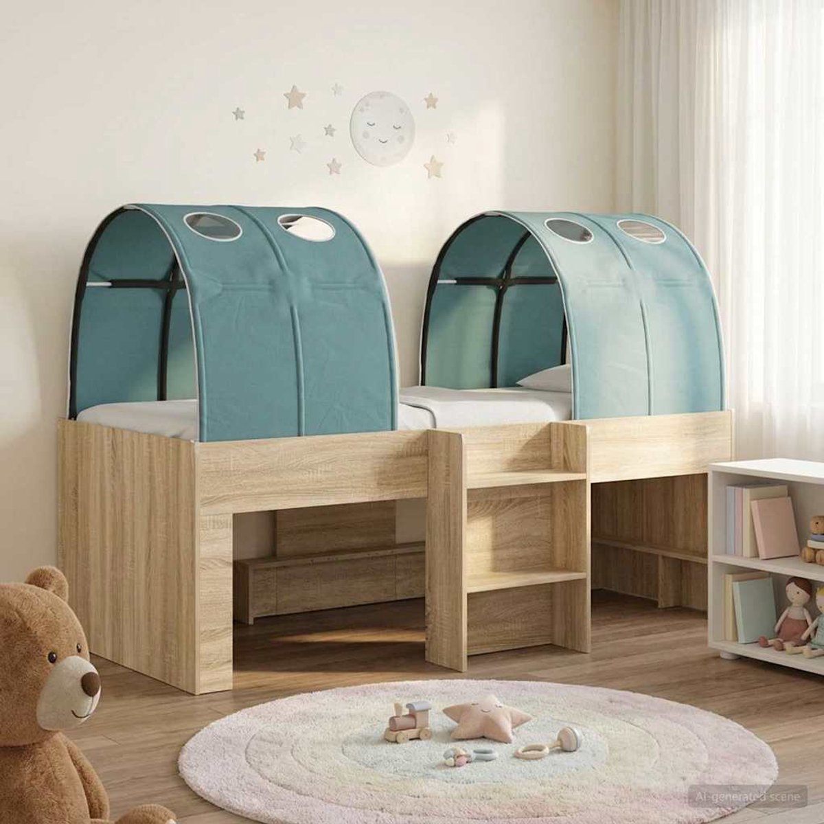vidaXL Bed - met - Tunnel - 3 - st - Sonoma - Eiken - en - Lichtblauw - Bewerkt - hout Sonoma eiken en lichtblauw