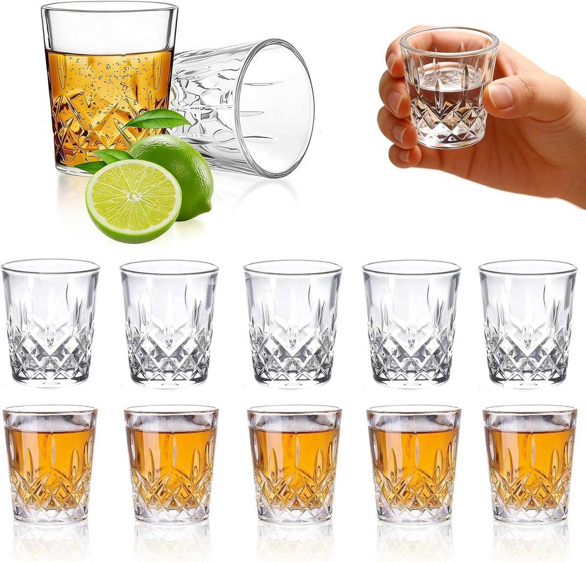 Set van 12 transparante shotglazen, 50 ml, whiskyglas, kleine likeurglazen, vaatwasmachinebestendig voor feestjes, feesten en recepties, huishouden (platte bodem)