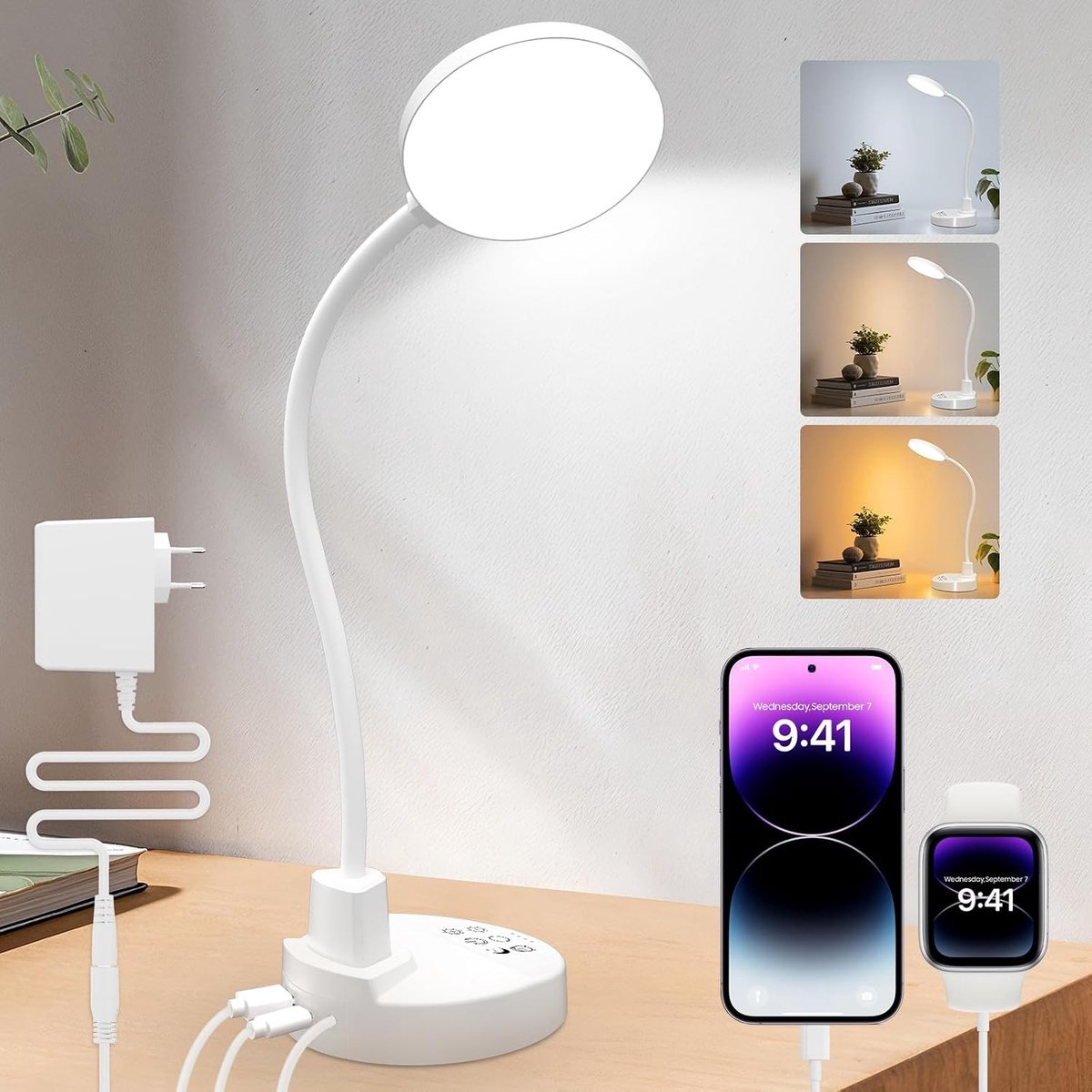 Dimbare LED Bureaulamp - Wit - 5 x 5 x 5 cm - Flexibele Tafellamp met USB-oplaadpoorten - Voor Thuiswerk en Studie
