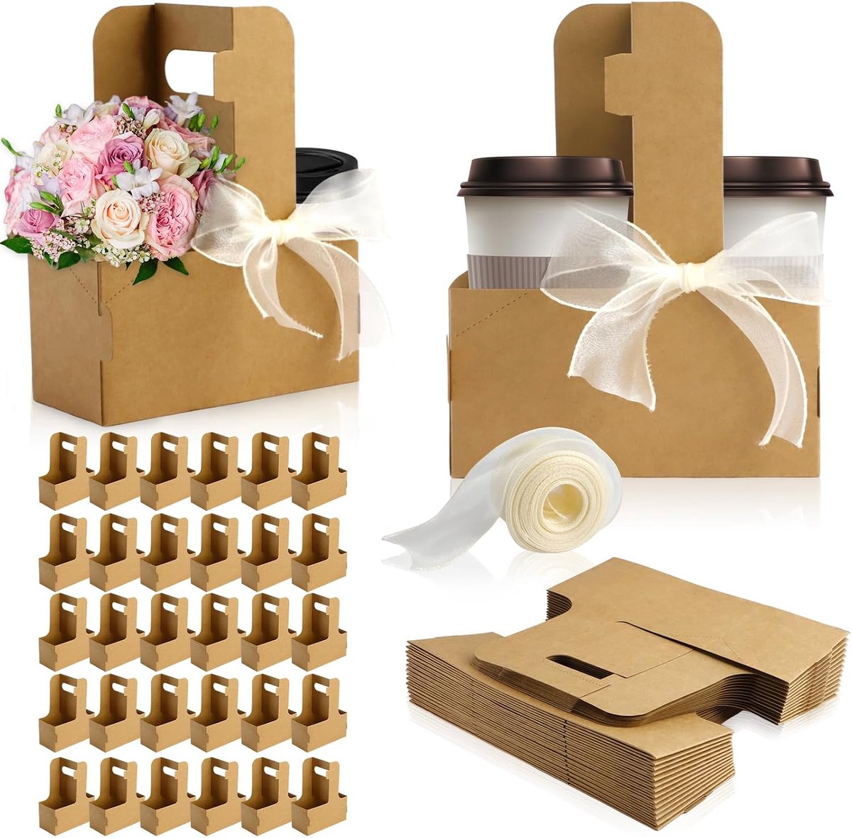 30 stuks geschenktasjes met handvat, kraftpapier, bekerhouder, bekerhouder met linten voor boeketten, papieren drankdragers voor verjaardag, Kerstmis
