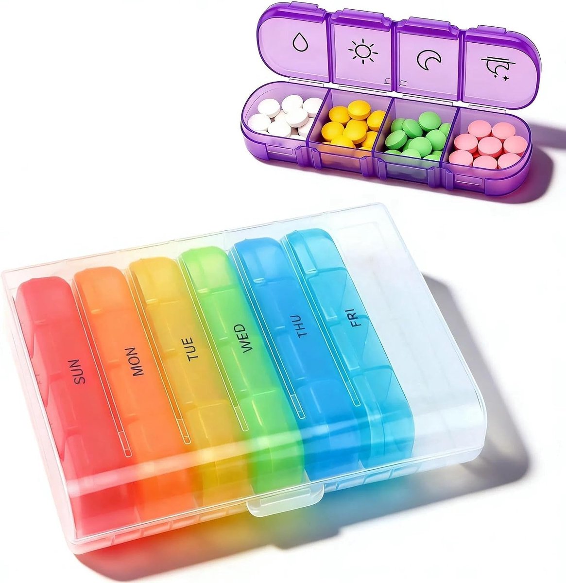 Gekleurde pillendoos voor 7 dagen met tijdstempel, handige tabletbox voor medicatiebeheer