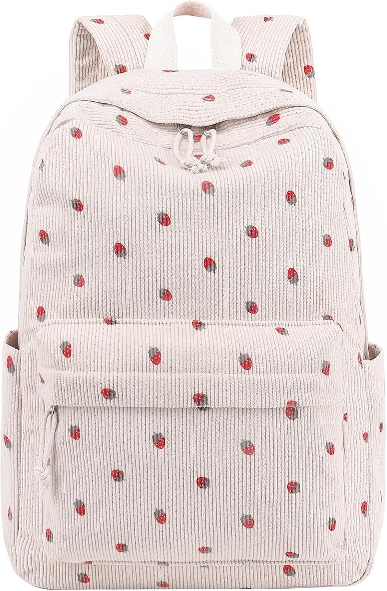 Rugzak voor meisjes, universiteit, middelbare school, 20 l, van corduroy met aardbeienprint, rugzak voor jongeren, meisjes, laptop, schooltas, vrije tijd, reizen en dagelijks gebruik, beige