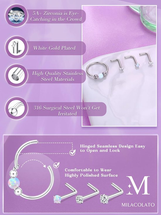 4 Stks Neusring Hoepel Stud Set Hypoallergeen Chirurgisch Staal Opaal Spetum Ring Sliver L-vormige Neus Stud Goud voor Vrouwen 18G Septum Piercing Sieraden Helix Neusgat Conch Hoop Piercing — afbeelding 5