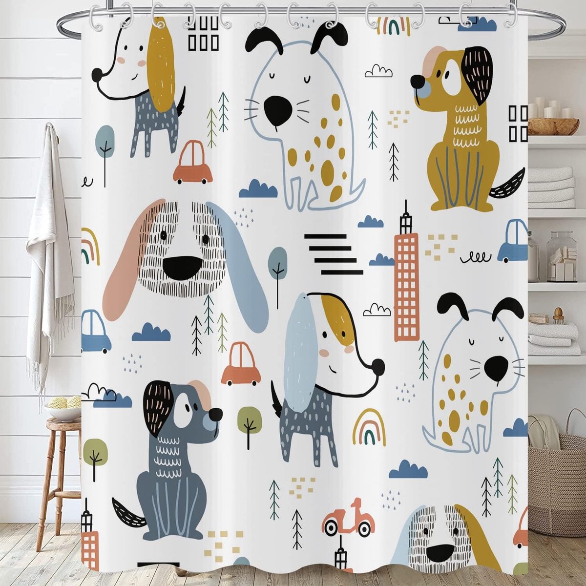 Douchegordijn 180 x 200, cartoon hond douchegordijnen kinderen jongens schattige dieren witte badkamer gordijnen met haken waterdichte polyester stof wasbare badgordijnen voor natte kamer