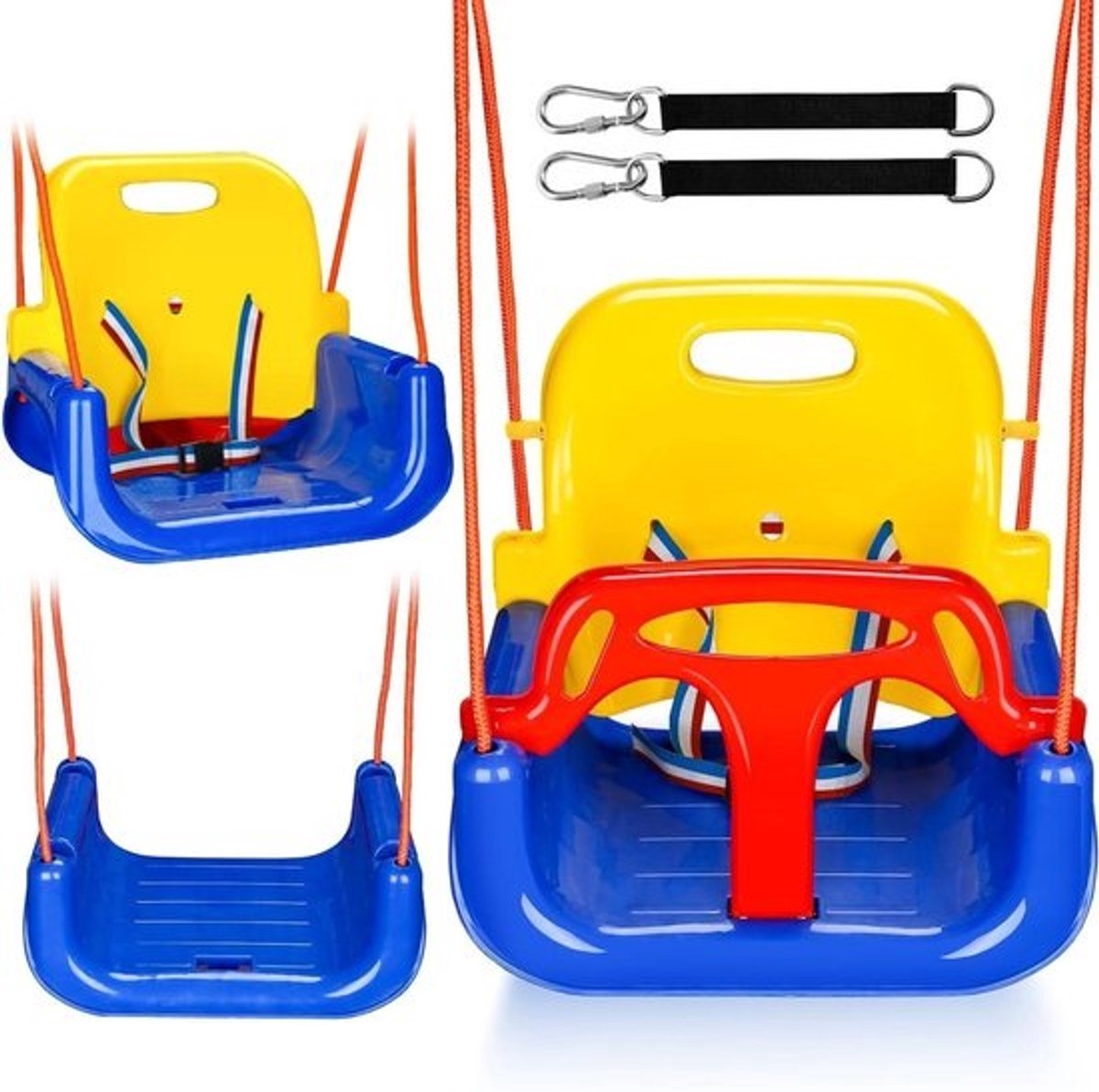 Babyschommel 3-in-1 - Kinderschommel Meegroei - Buiten Spelen - Afneembaar Babyzitje - Tot 50 kg - Blauw en Geel