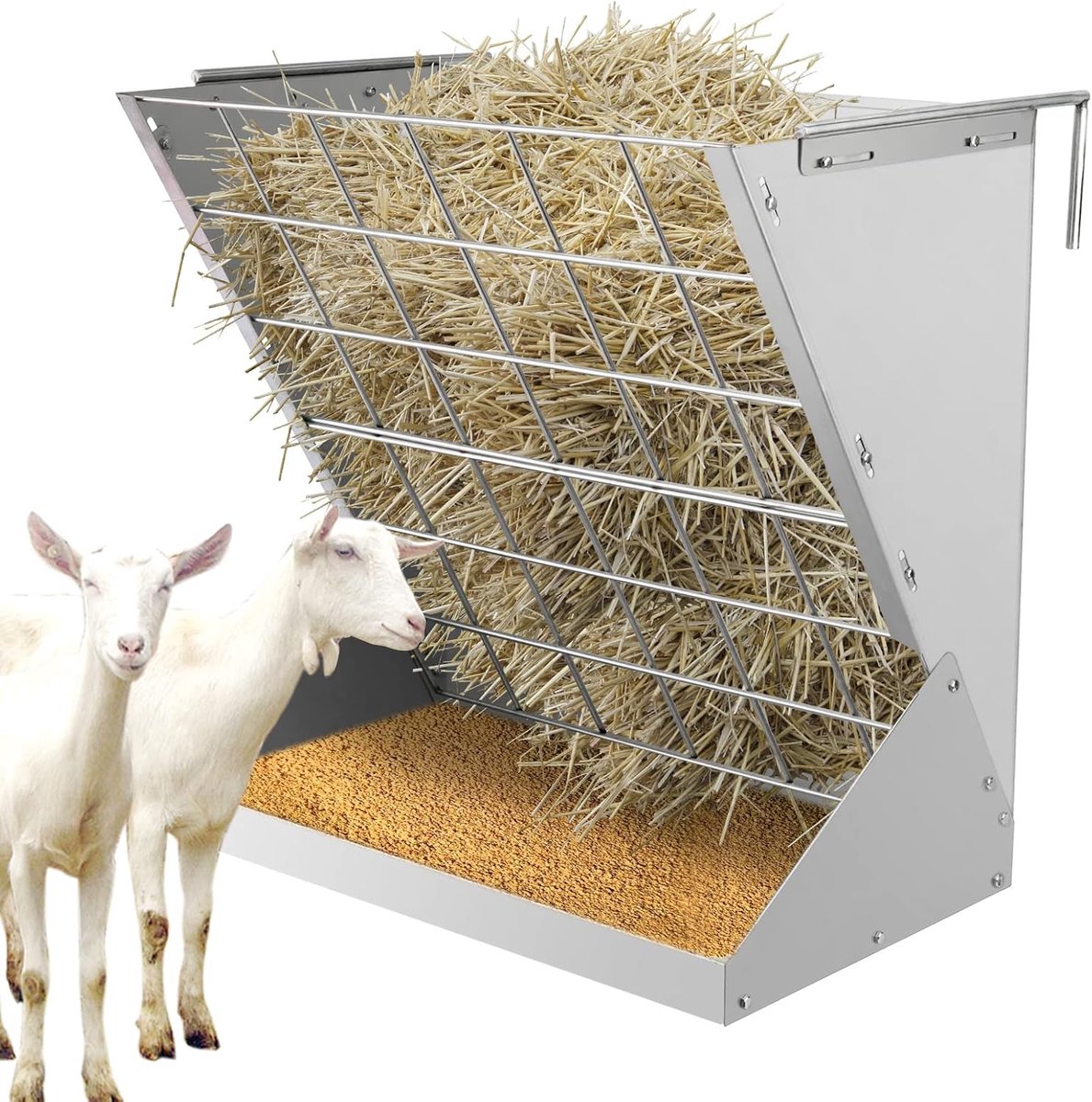 Feeder Wandmontage Hooirek voor Geiten, Paardenhooi Feeder 2 in 1 Graan & Hooi Feeder voor Geiten Schapen Schuren Paarden Vee