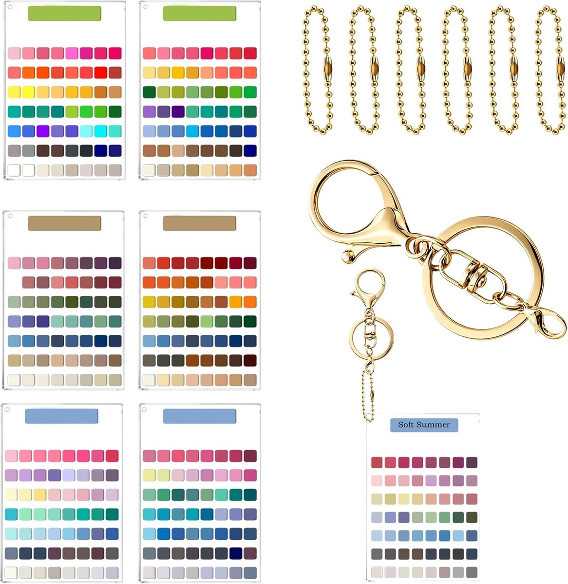 6Stks Kleurenpalet Zachte Seizoensanalyse Kaart, Draagbare Kleurenstaal Kaarten & Draperingsgids voor Dames Winkelen Make-up, 54 Referentie Kleuren Seizoen Prachtig Cadeau selectie kaarten