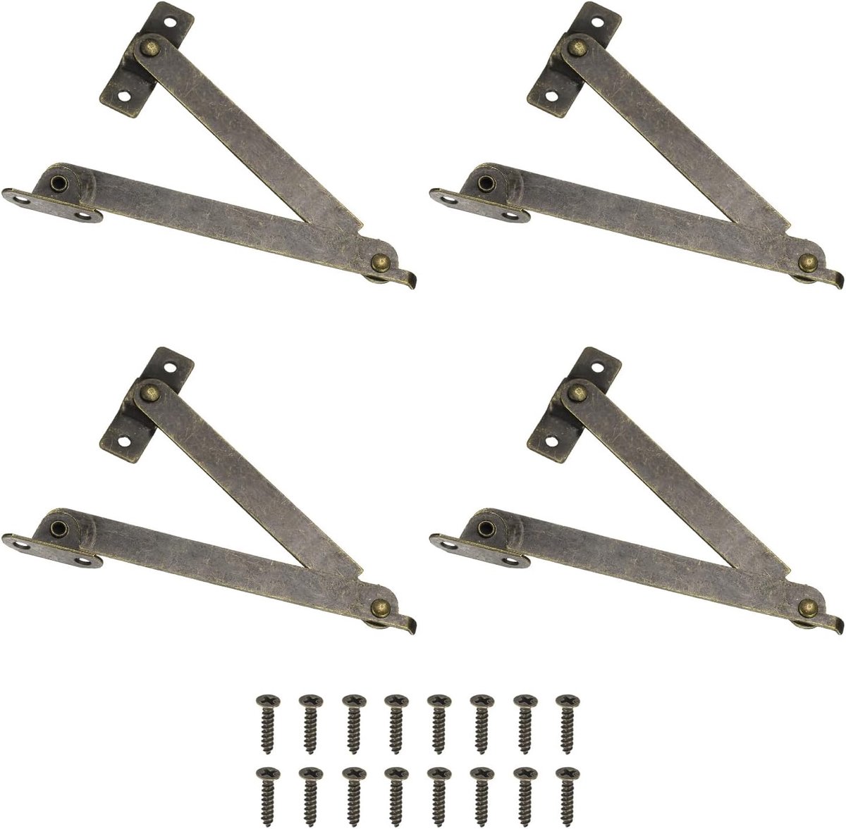 Scharnieren, 4 stuks, dekselhouder-scharnier met 16 schroeven voor meubels, houten kisten, kasten, brons (ingeklapte lengte 110 mm, plaatbreedte 11 mm)