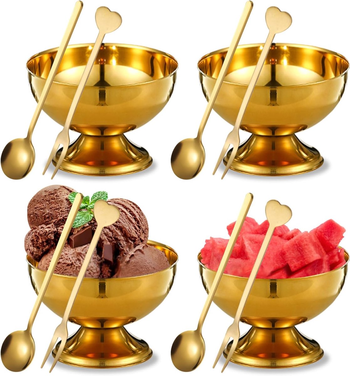 4 kommen onverteerd ijs, 4 lepels, 5 ounce kalfijs, 5 ounce dessertbekers, metalen dessertbekers, gouden taartschalen, kelderbovenste serveerborden (goud)