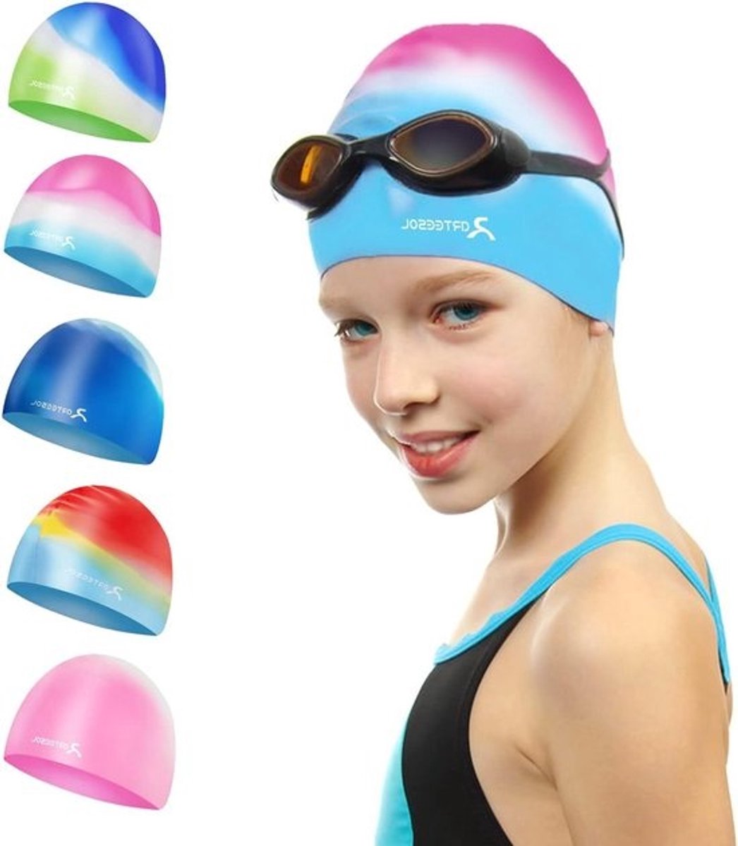 Kinder Badmuts - Zwemkap Jongens Meisjes - Bescherming Zwemmen - Glinsterend Design - Maat S - Roze Blauw