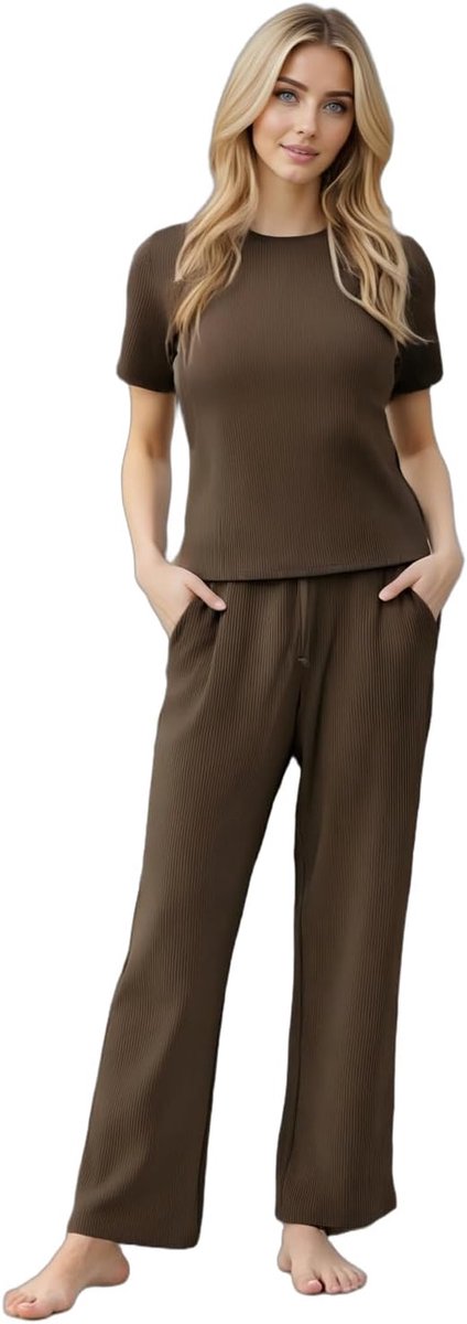 Pyjama voor dames, winter, 2-delig, warm, van fleece, bovendeel met lange mouwen en broek, pyjama met zakken, nachtkleding, zacht en comfortabel, om te ontspannen