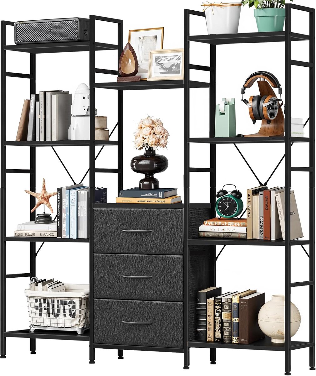 Boekenkast 120Wx142H cm, 4-Laags, 3 Stoffen Lades, Zwart