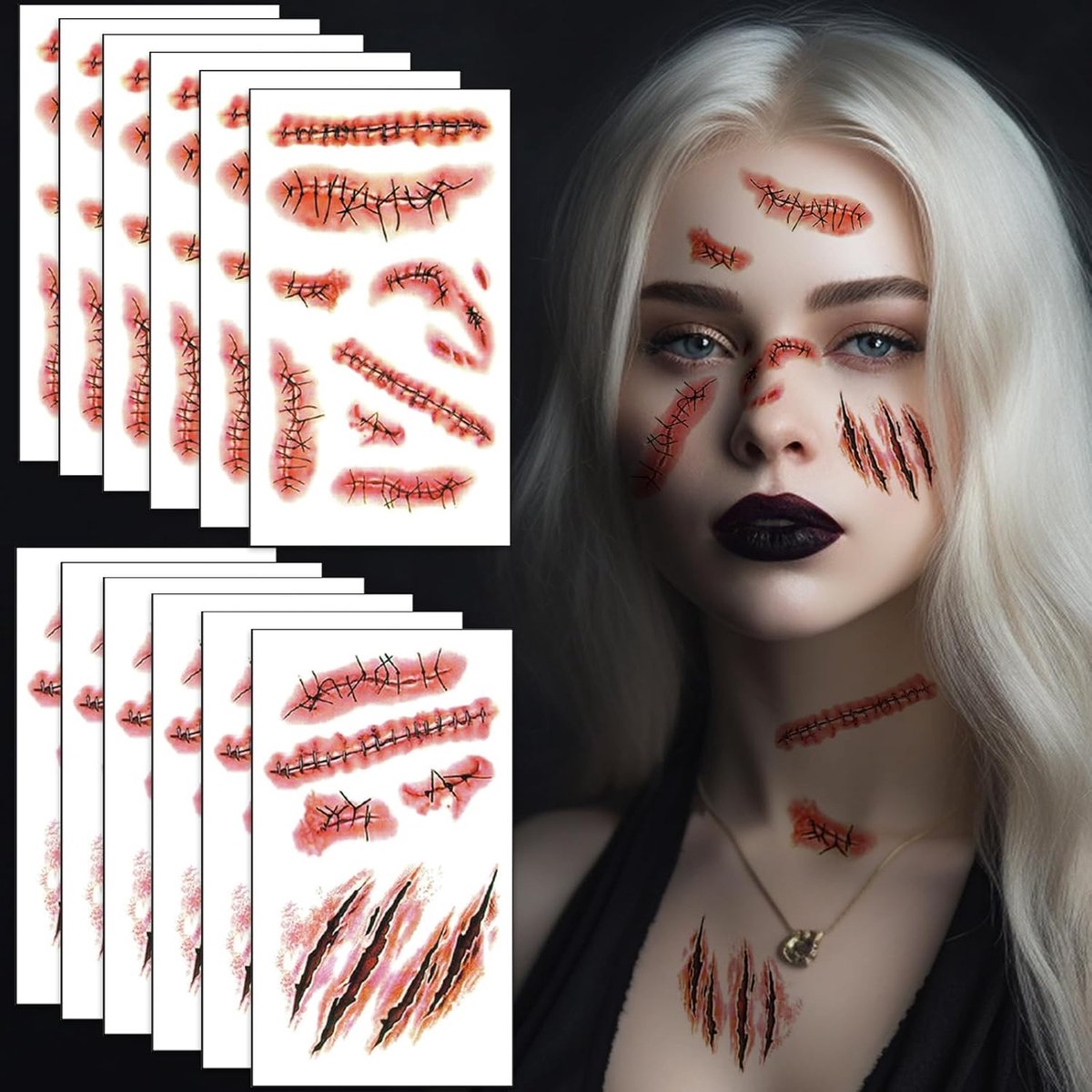 12 vellen littekens, Halloween-tatoeages, griezelige haloween-wonden, zombie, vampierwonden, krassen, scabbloed, tatoeages voor Haloween kostuum, dames en heren, make-up