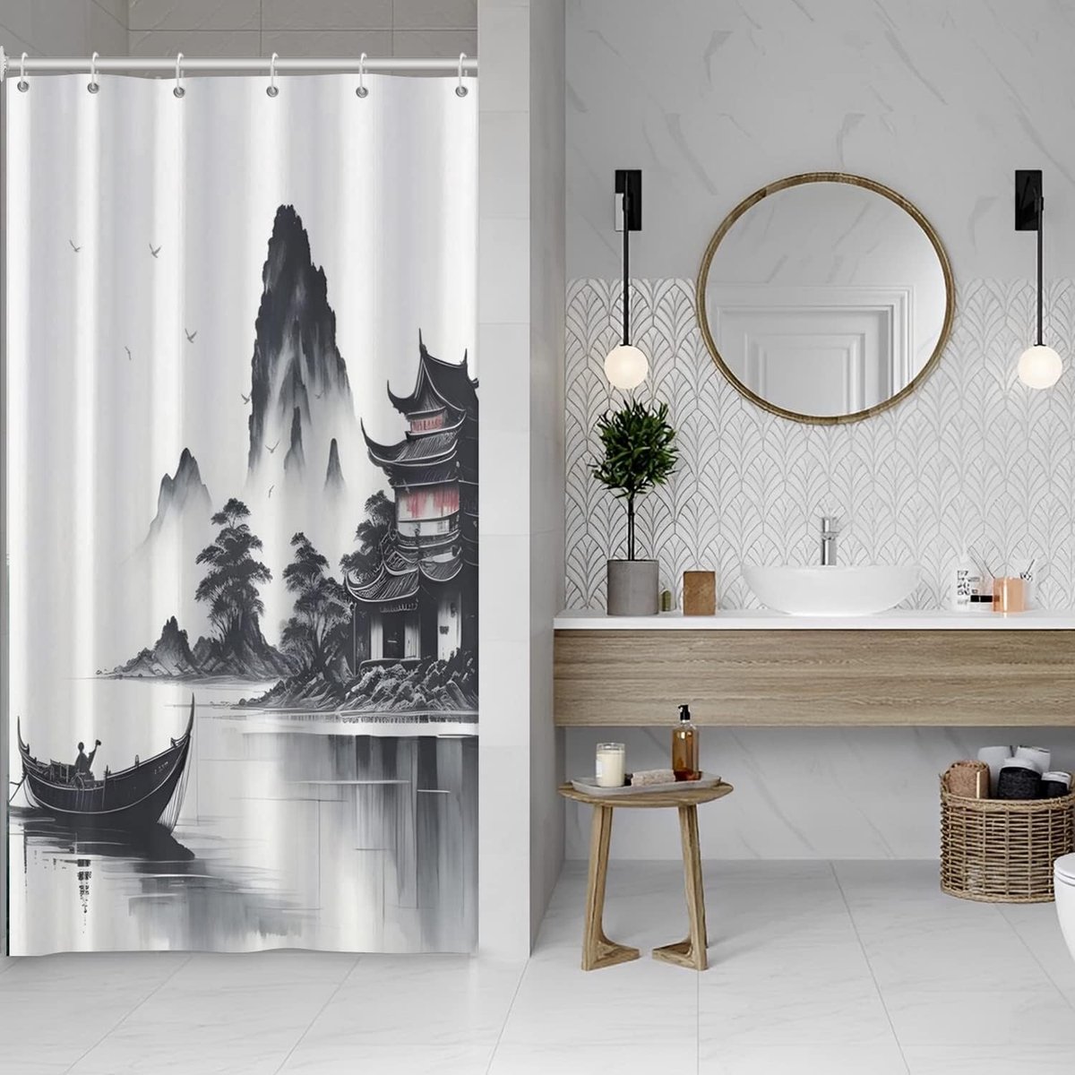 90x180cm Japanse Aziatische inkt schilderij douchegordijn mistig bergboot wilde gans badkuip gordijn buiten natuurlijk landschap badgordijn voor badkamer decor polyester met haken