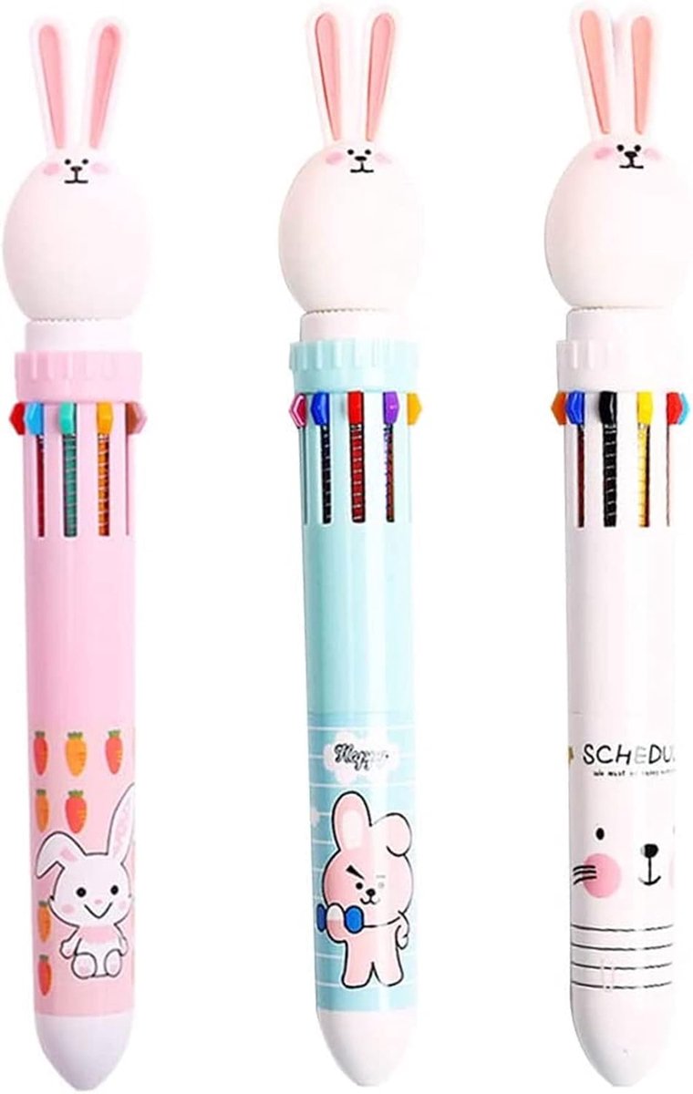 balpen, intrekbare balpen, 3 stuks, 10-in-1 rollerbalbalpen, voor kantoor, schoolbenodigdheden, studenten, kindercadeau, schattig cartoon-konijntje
