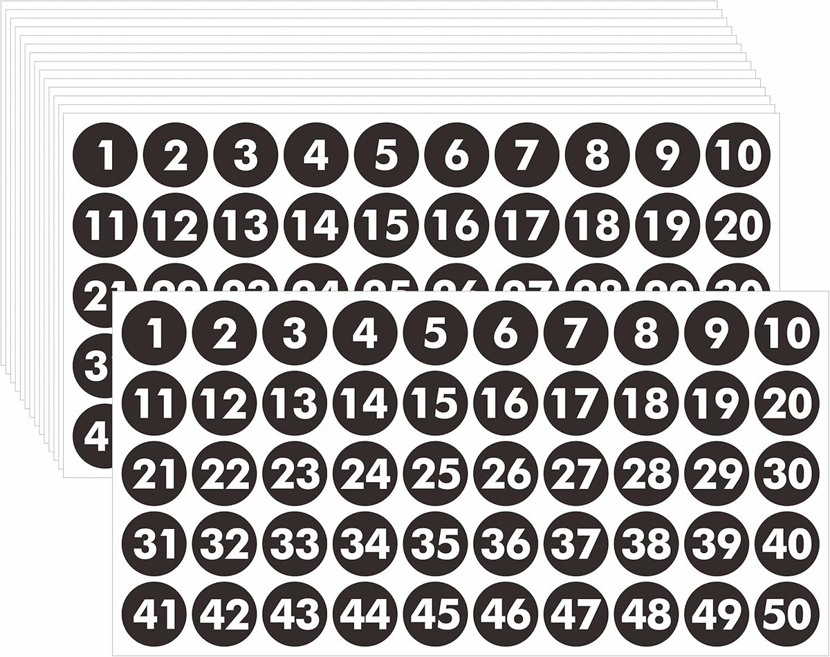 750 stuks ronde cijferstickers, 15 opeenvolgende zwarte vinylnummerlabels, 1-50 zelfklevende stippenstickers voor binnen, buiten, kantoor, klaslokaal, opslag, organiseren, dozen (elk 2,5 cm)
