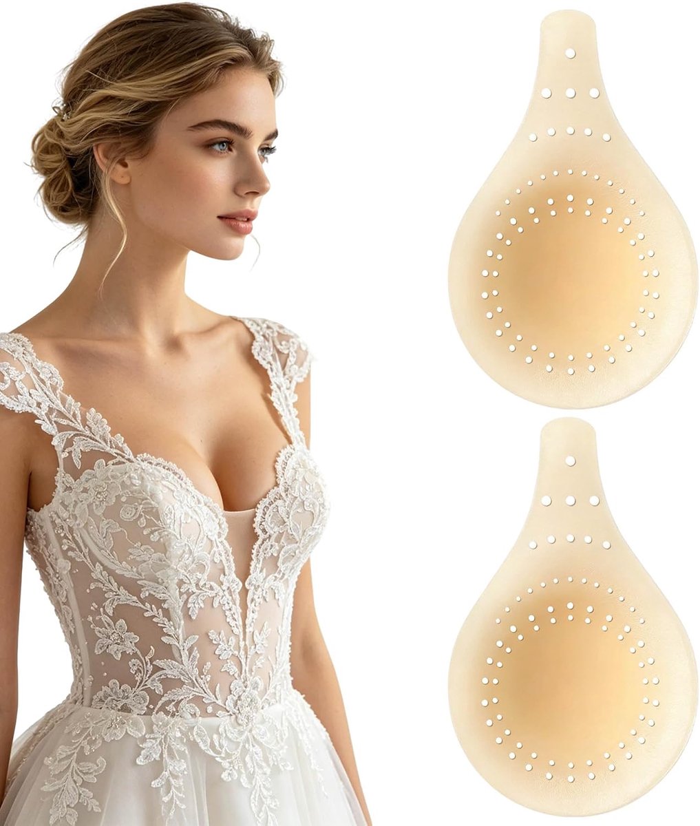 Siliconen tepelafdekkingen voor dames, 2 stuks onzichtbare tepelpads, druppelvormige push-up, herbruikbare kleefbeha, beige, luchtgaten, ontwerp voor bruiloftsjurk