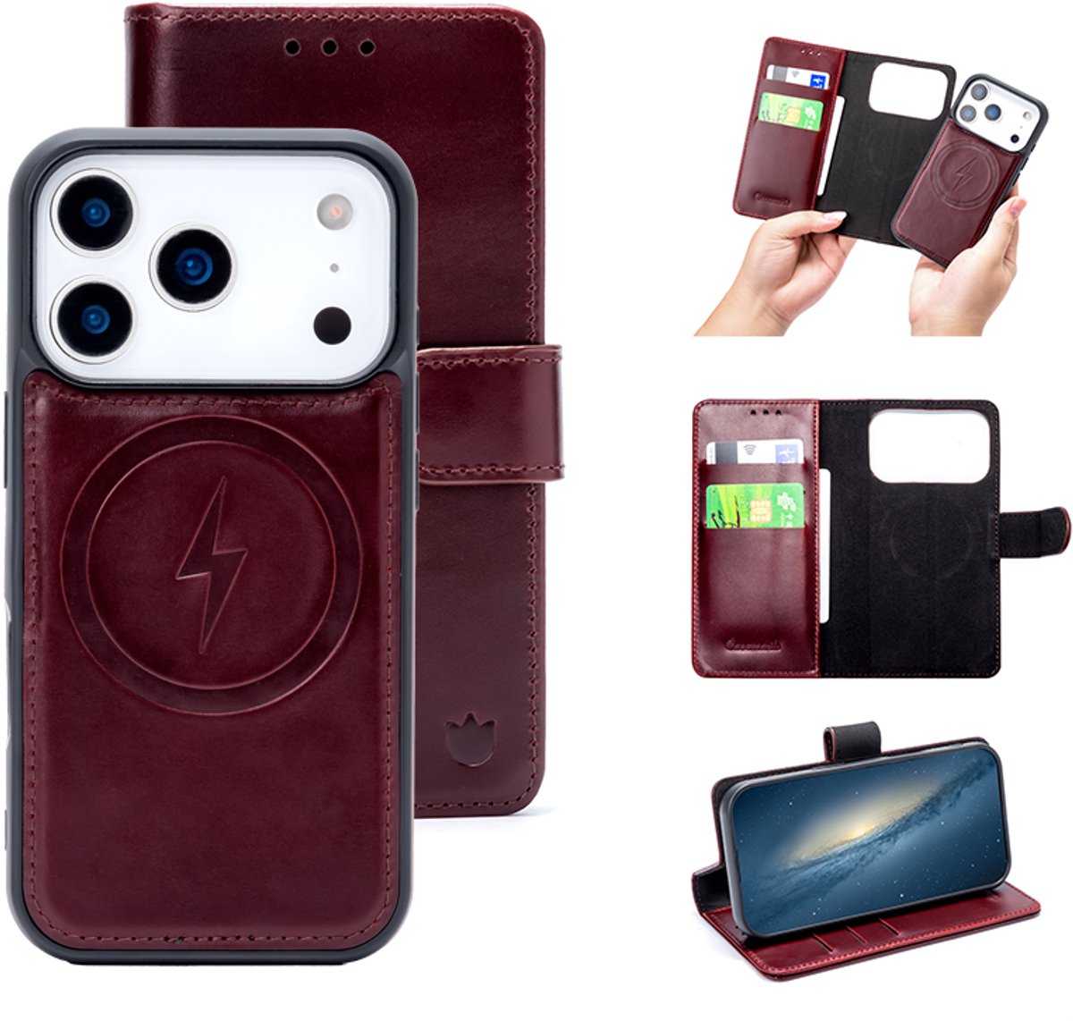 Casemania Echt Leren Hoesje Geschikt voor Apple iPhone 18 Pro Max - Burgundy Red - Geschikt voor MagSafe - Leer 2 in 1 Magnetisch Afneembare Book Case - Portemonnee Telefoonhoesje met Pasjeshouder