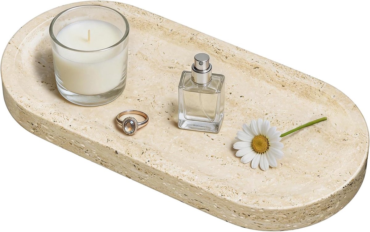 marmeren badkamer lade, ovale decoratieve ijdelheid lade, marmeren dressoir schaal, salver voor parfum display, sieraden organizer, home decor, travertijn, 25x12x1,8cm