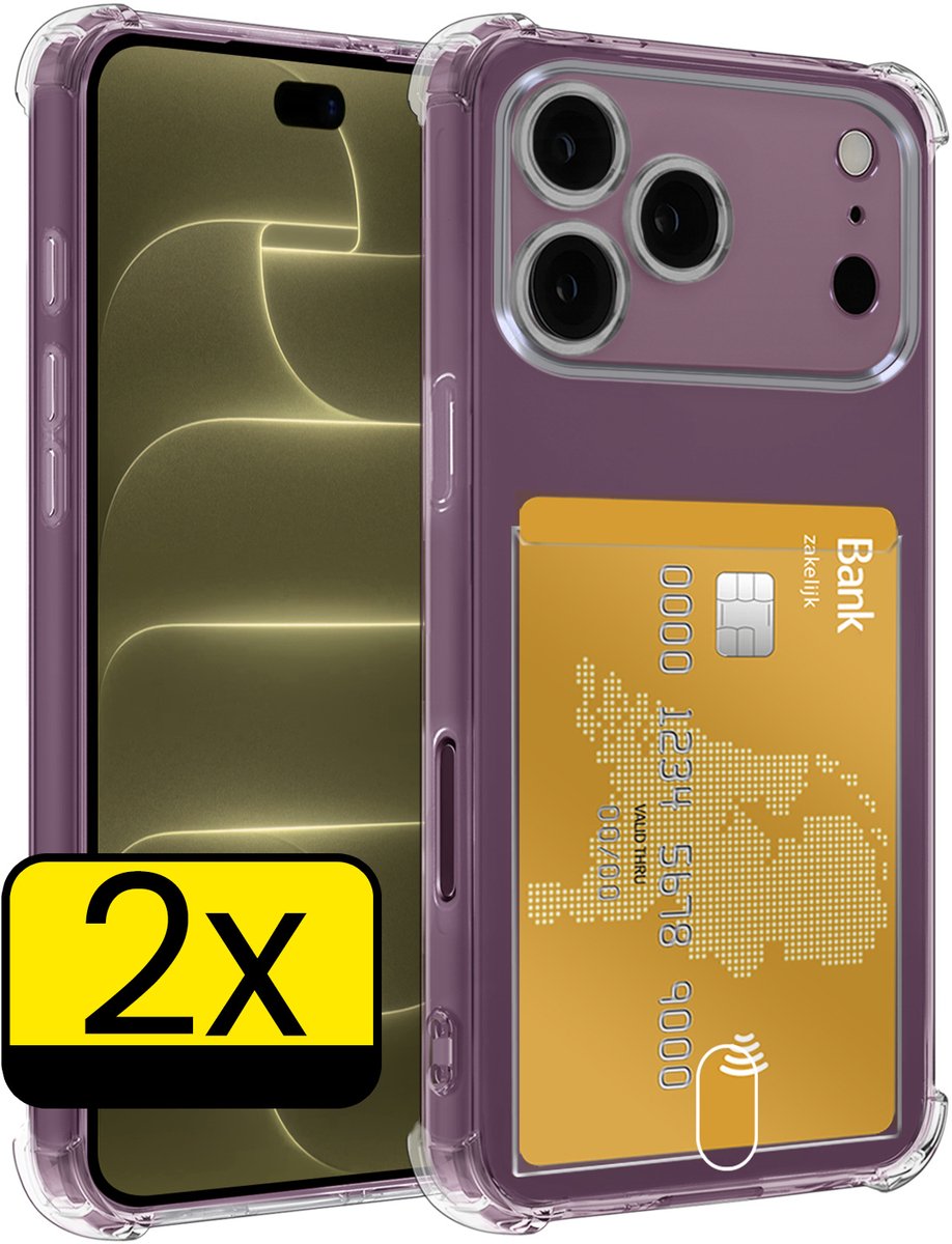 Hoesje - 2 Stuks - Geschikt voor Apple iPhone 18 Pro Max - Met Pashouder en Kaarthouder - Telefoon Hoes Shockproof - Siliconen Case - Back Cover - Shock Proof - Pasjes Houder - Telefoonhoesjes - Transparant