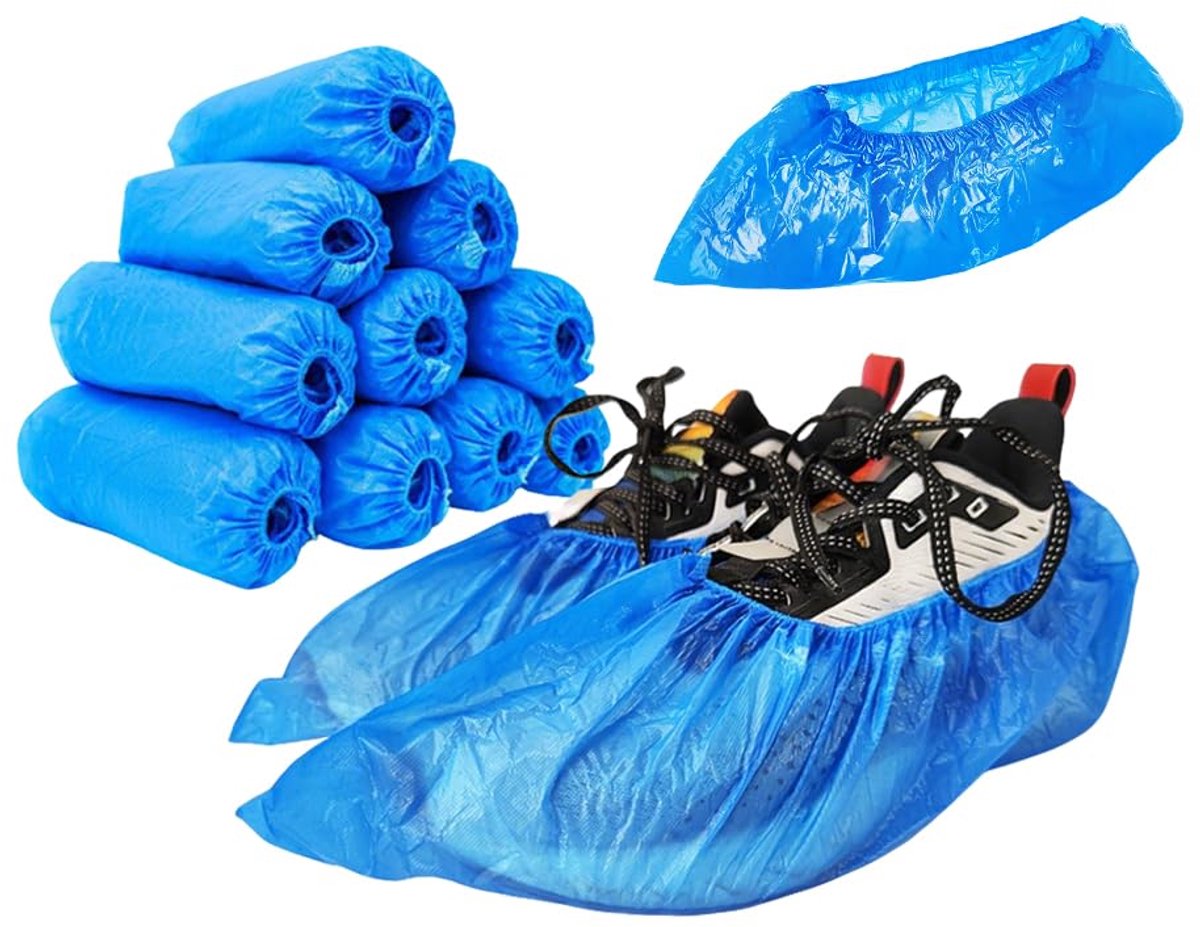 schoenovertrek, plastic, blauw, 200 stuks, praktische CPE-overschoenen voor schoenen, sterke overschoenen, latexvrij, waterdichte overschoenen, voor huishouden, laboratorium