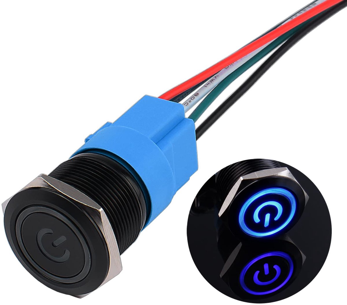 22 mm momentane waterdichte drukschakelaar, 12 V tot 24 V, 5 A aan/uit knop, schakelaar met ledverlichting, zwarte metalen behuizing, voorbekabelde momentary drukknop voor auto, doe-het-zelf