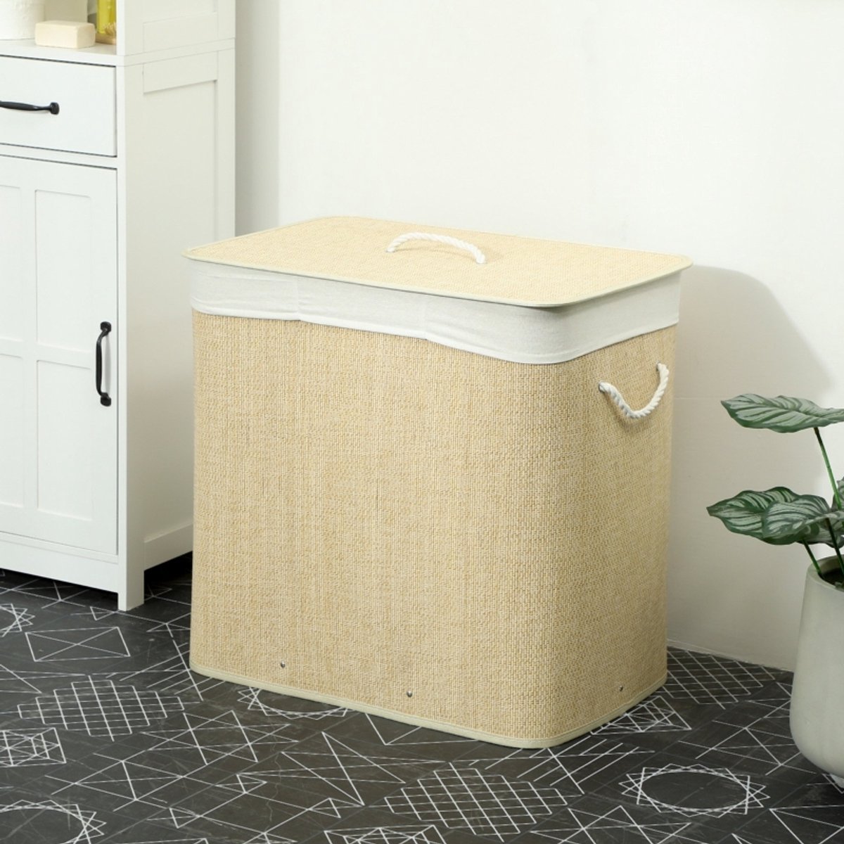 REDOM - Wasmand met deksel - 3 vakken en uitneembare waszak - 144 liter - Bamboe en metalen frame - Crème - 60 x 40 x 60 cm