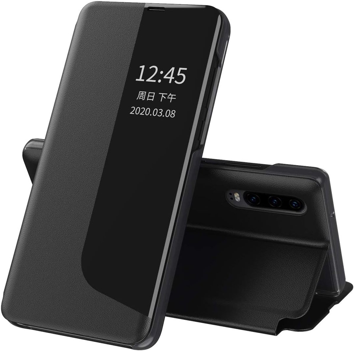 Compatibel met Huawei P30 hoesje, Smart Clear View Windows-hoesje + Flip PU-lederen standaardhoes voor vrouwen en mannen, schokbestendig, valbeschermend hoesje voor Huawei P30, zwart QHC