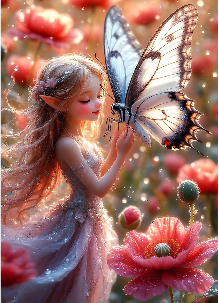 Diamond Painting Butterfly Fairy Elf, 5D Luxury Diamond Painting for Adults Beginners Dreamland Diamond Embroidery DIY Full Drill Poppy Flowers Diamonds Art Home Wall Decoration 30x40 cm