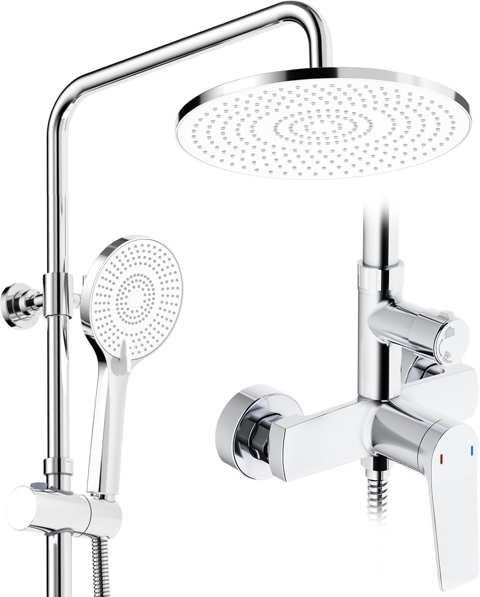 Douchesysteem met chroom, regendouche met armatuur van messing, 25 cm regendouche, 3 straalsoorten, douchekop, complete set, doucheset