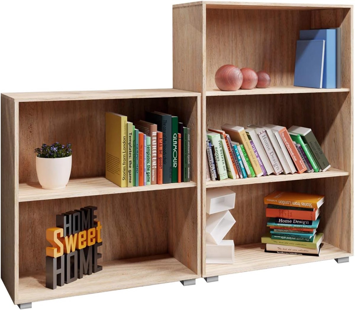Boekenkast Set van 2 Vela 3+2 Vakken Verstelbare Planken Woonkamer Studie Kantoor MDF Plank Eiken