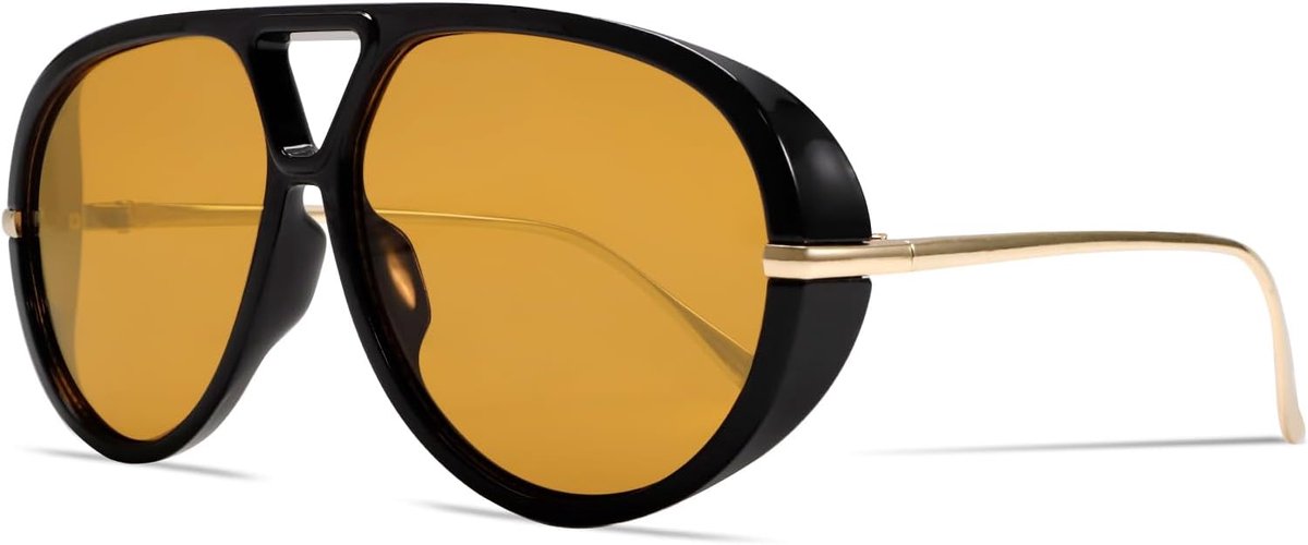 Retro Gouden Aviator Zonnebril voor Vrouwen Mannen, 2026 Metalen Oversized 70s Aviators Zwarte Zonnebril