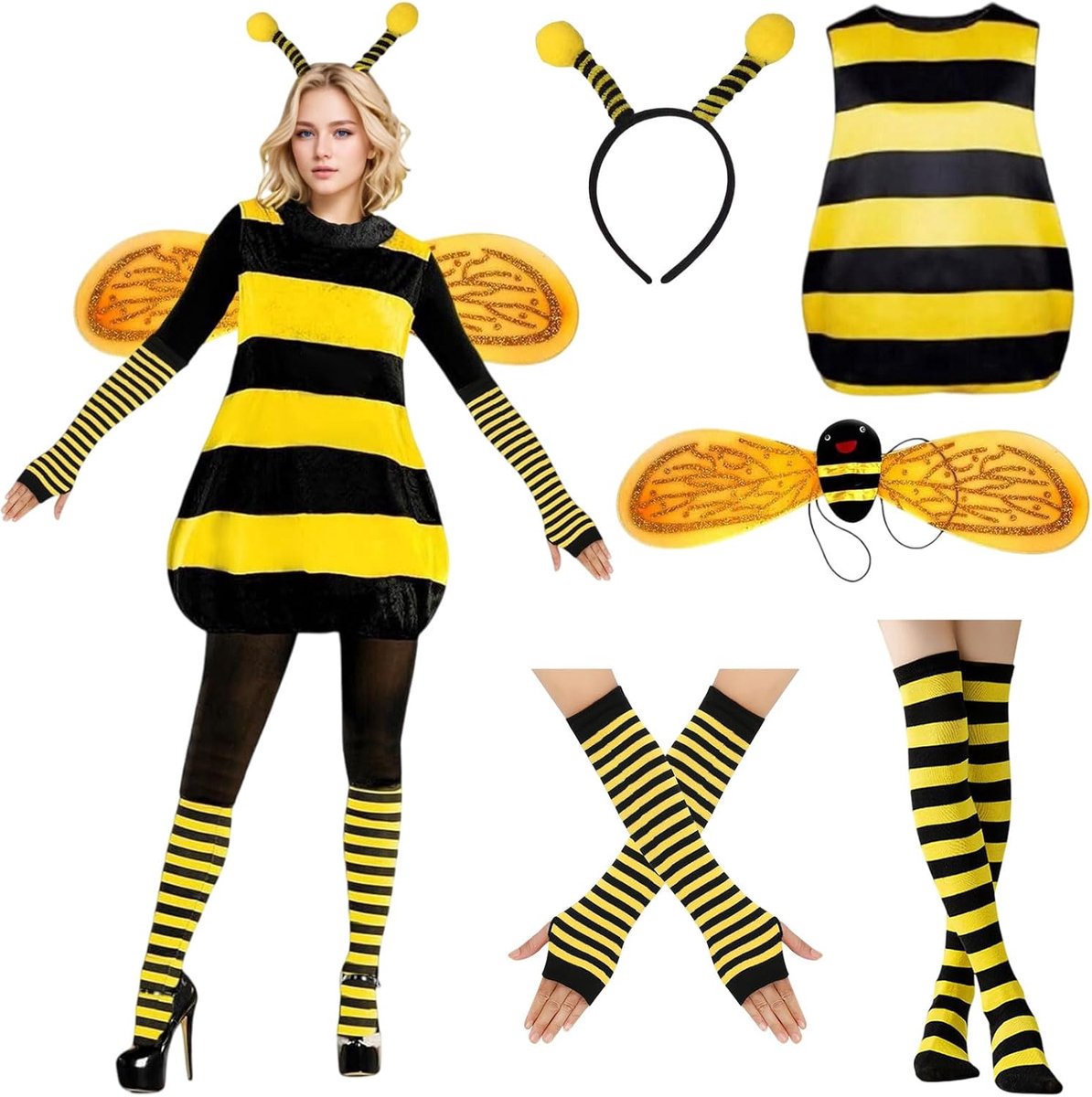 Bijenkostuum voor dames, set voor dames met bijenvleugels, haarband bij en accessoires, carnaval, cosplay voor carnaval, Halloween