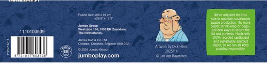 Zijkant van een Jumbo puzzeldoos met productinformatie, artwork van Dick Heins en duurzaamheidsinformatie.