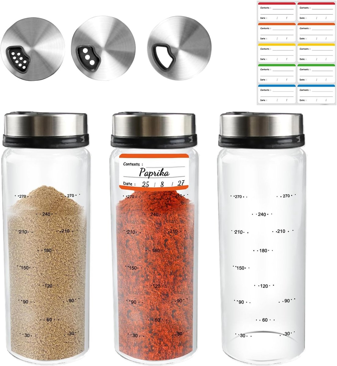 3 Stuks Kruidenpotjes Met Draaidek, 300 ML, Glazen Kruidenpotjes, 16,5 X 6 CM, Luchtdichte Kruidenstrooier Met 4 Soorten, Kruidenpotjes Voor Keuken, Eetkamer
