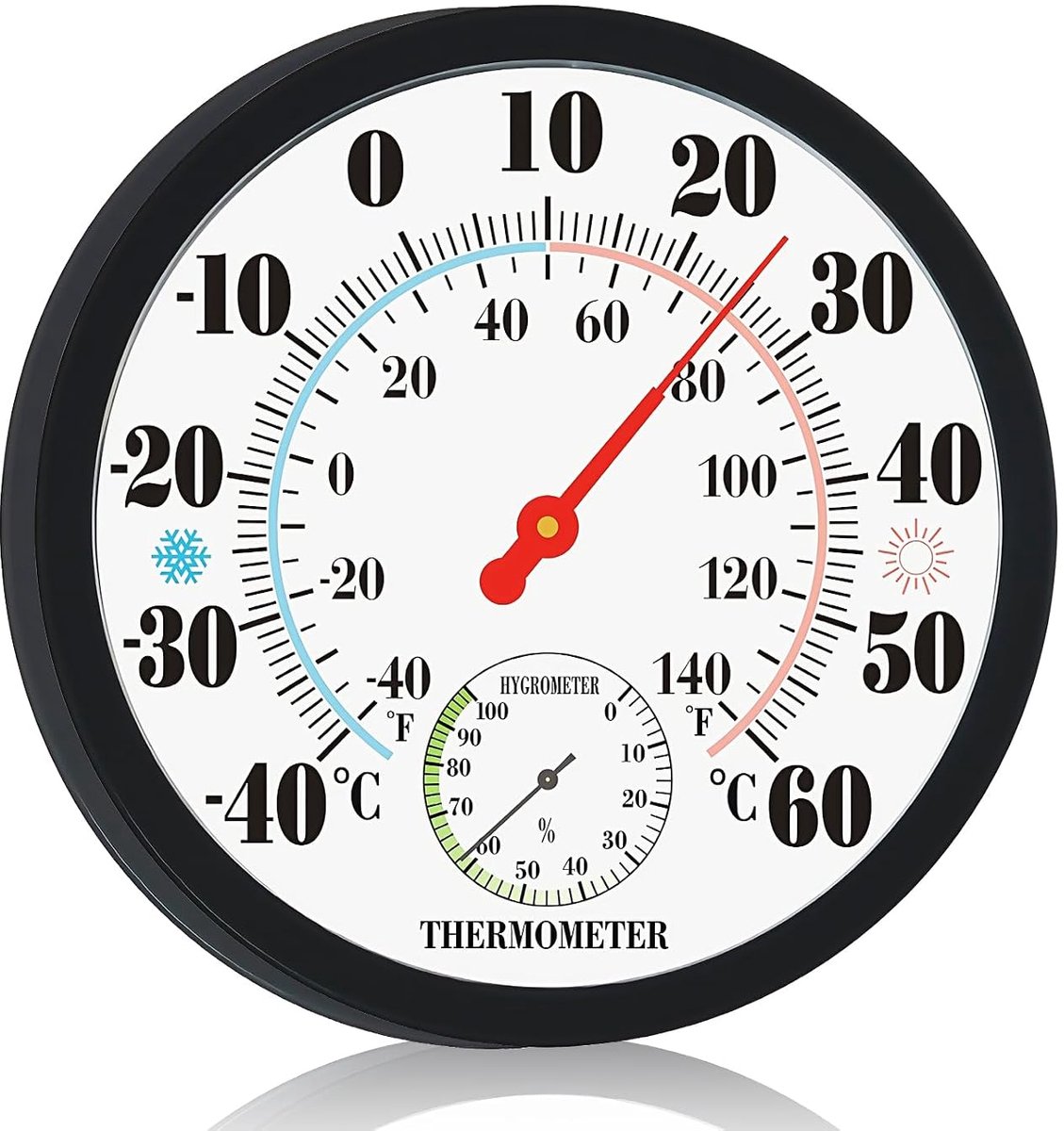 25 cm thermometer voor binnen en buiten, zwarte behuizing, indoor outdoor thermometer, indoor outdoor thermometer hygrometer functie, kamerthermometer binnen buitenthermometer hygrometer voor huis en