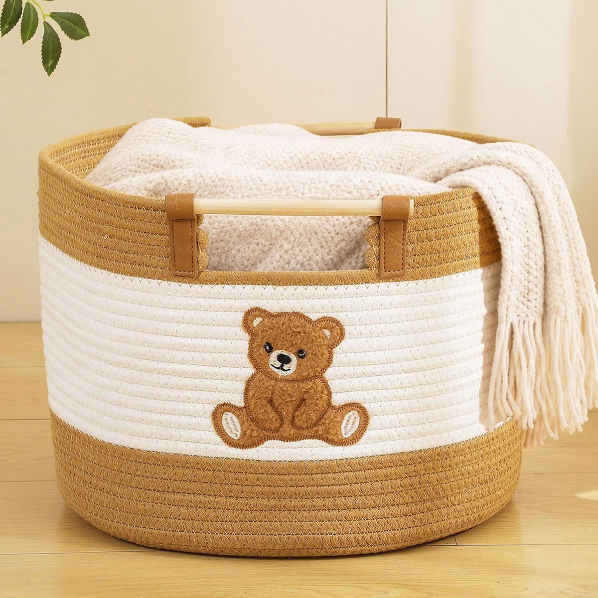Deken Mand 35L Katoenen Touw Mand met Houten Handvatten