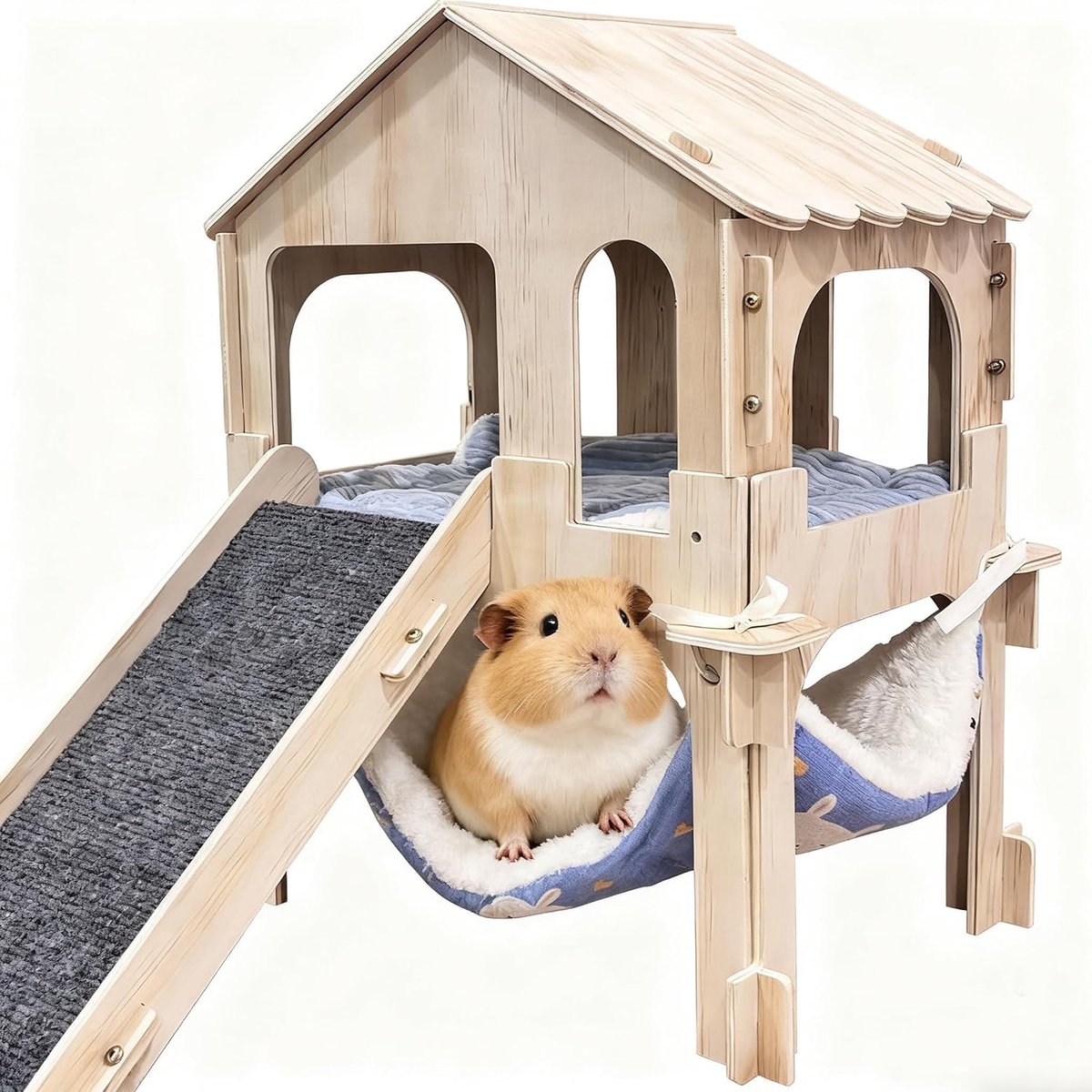Houten caviahuis met oprijplank, hangmat en kussen, converteerbare 2-verdiepingen schuilplaats voor cavia, konijn, hamster, chinchilla
