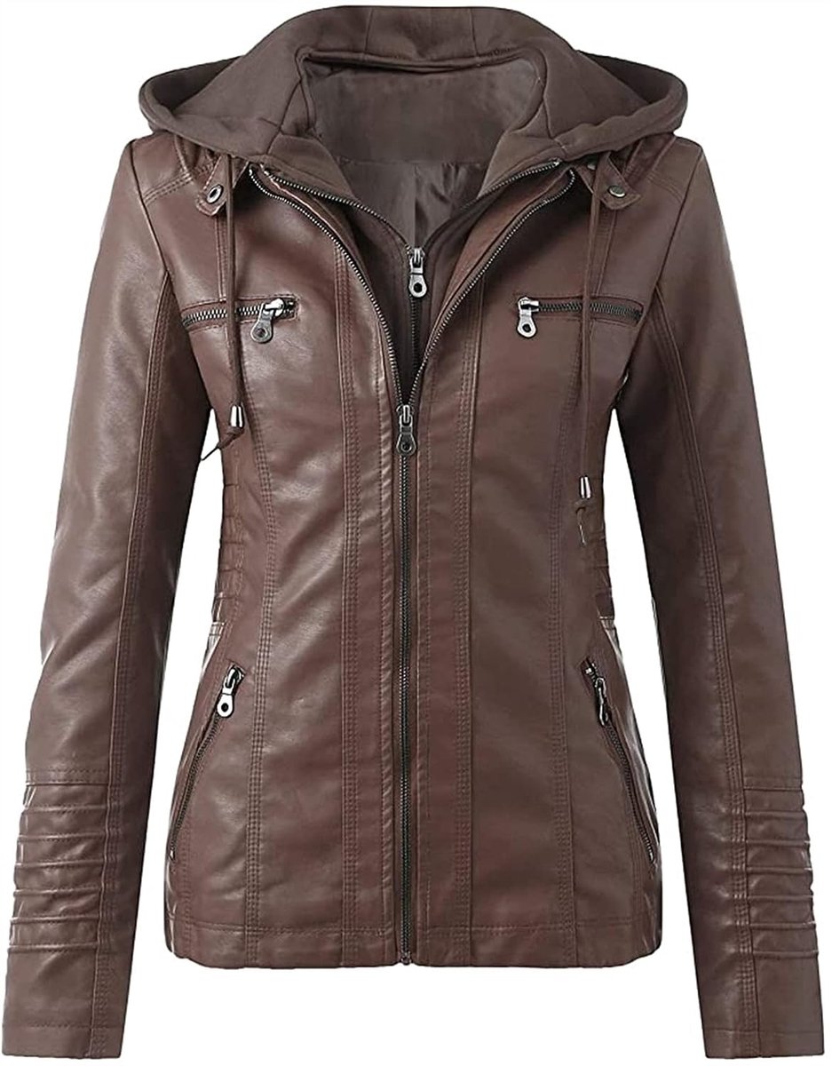 Leren jas Hooded Faux Leather Jacket met rits Overgangs Vrouwen Bovenkleding Warm Thicken Motorcycle Jacket