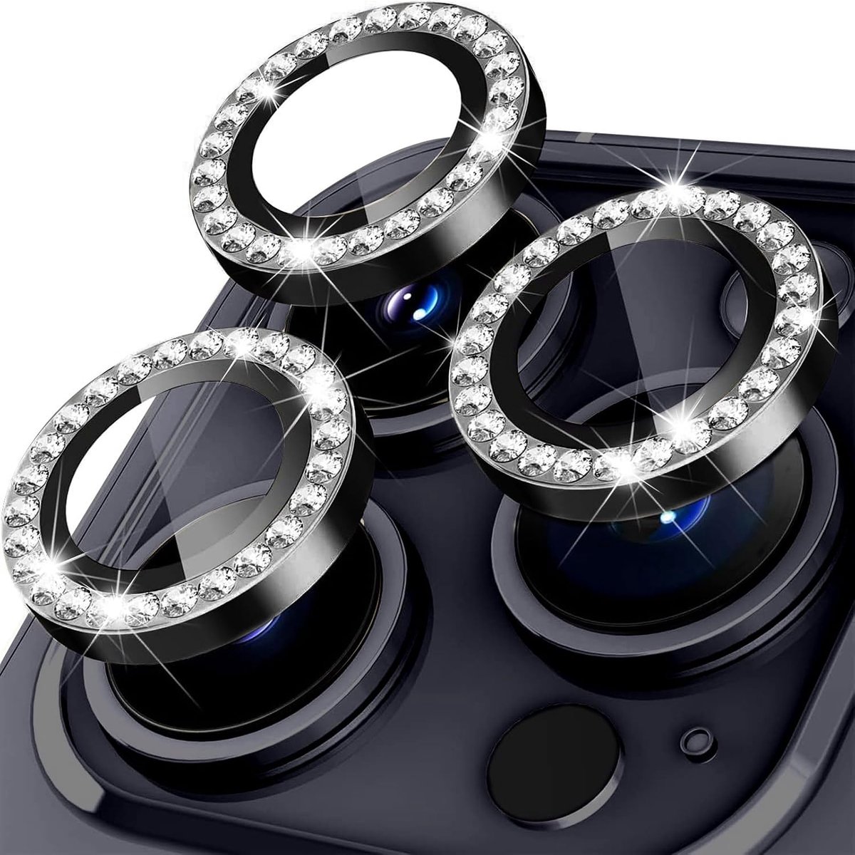 Camerafolie voor iPhone 15 Pro/15 Pro Max, lensbescherming aan de achterkant van gehard glas, HD transparant, hardheidsgraad 9H, krasbestendig, ultra-duurzaam, glittercamera, zwart