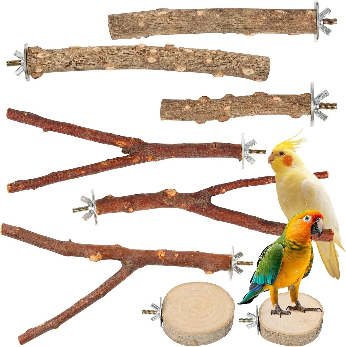 8 stuks Wellensittich accessoires voor het slijpen van klauwtjes, natuurlijke houten vogel zitstokken, zitstok met meerdere takken, vogelkooi accessoires zitstandaard voor kanaries en