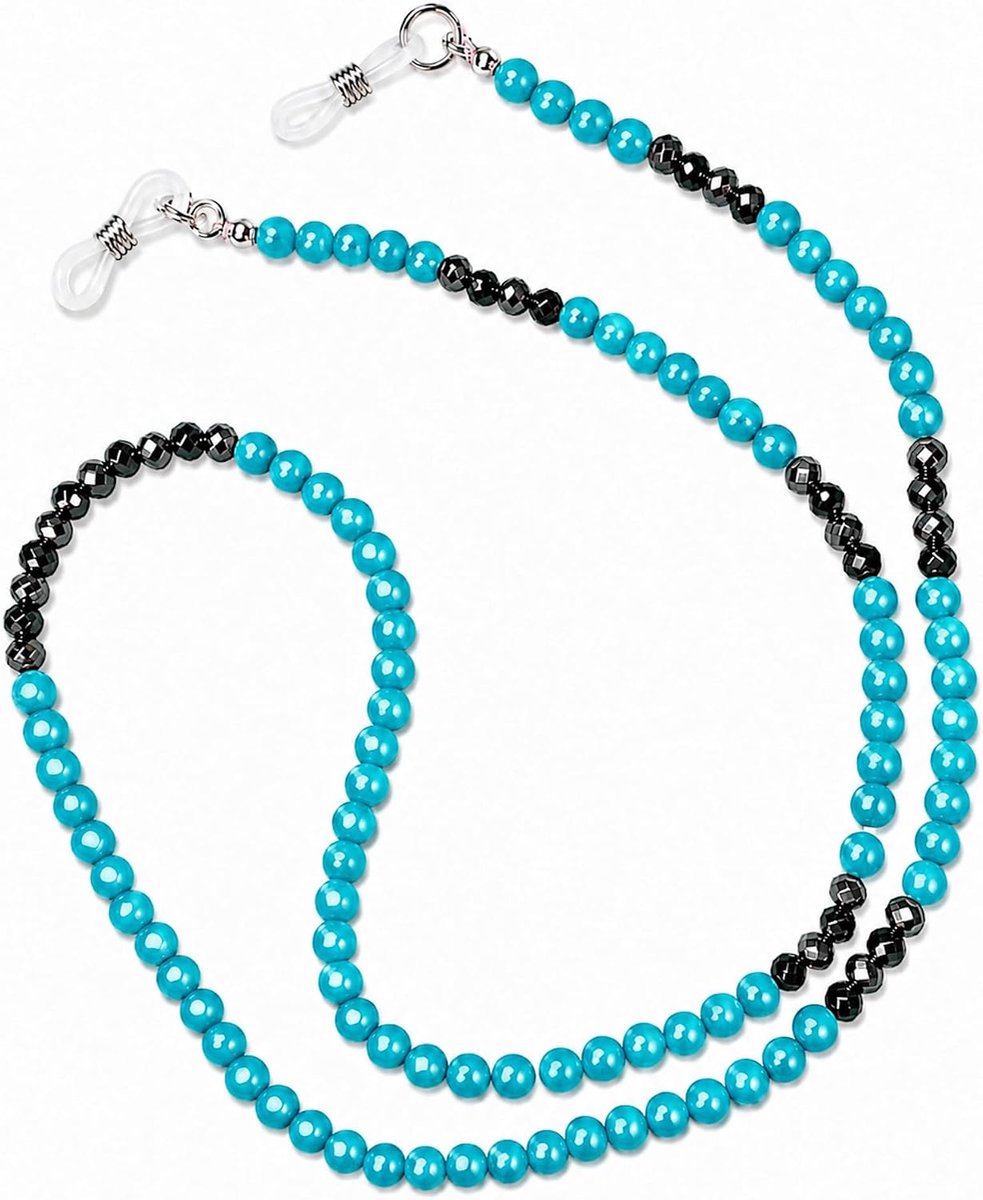 Brillenketting, edelsteen, dames en heren, van turquoise en hematiet, 4 mm kralen, brillenband, brillenhouder voor brillen, zonnebril, leesbril, Made in Germany