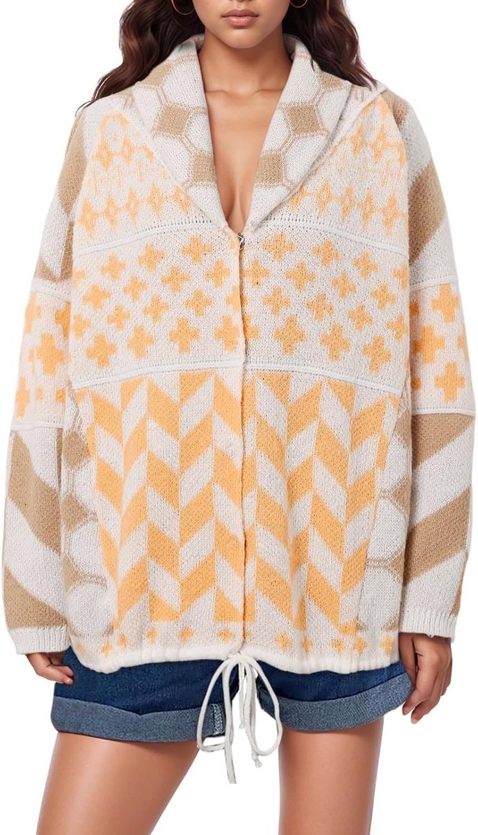 Damestrui met abstracte print en revers, brede mouwen